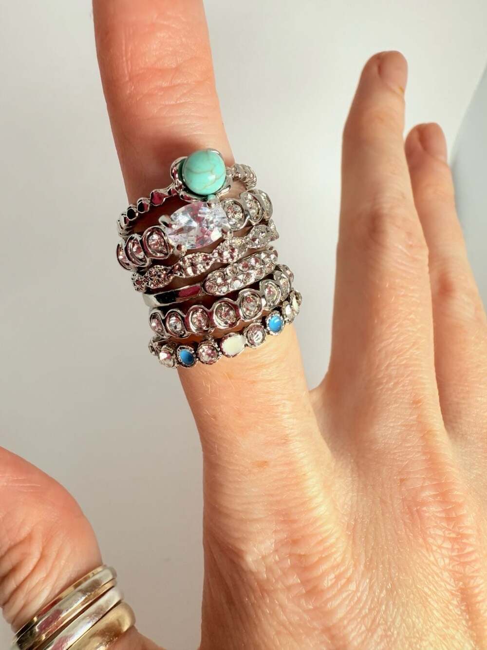 Stackable Ring Set Silver Tone Multi Stone Crystal Boho Jewelry
